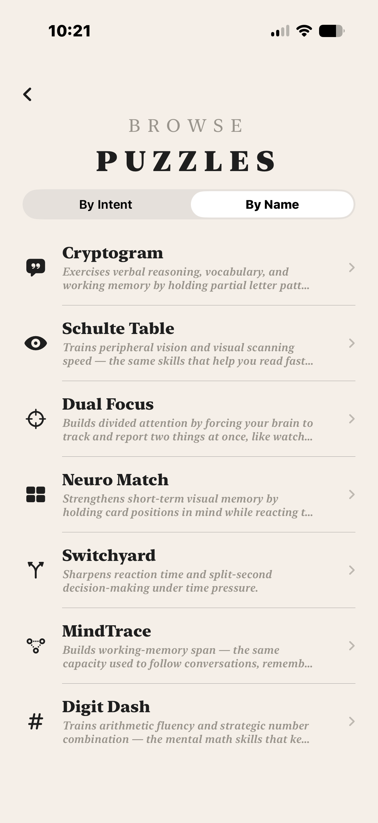 Browse Puzzles screen listing all seven games: Cryptogram, Schulte Table, Dual Focus, Neuro Match, Switchyard, MindTrace, and Digit Dash