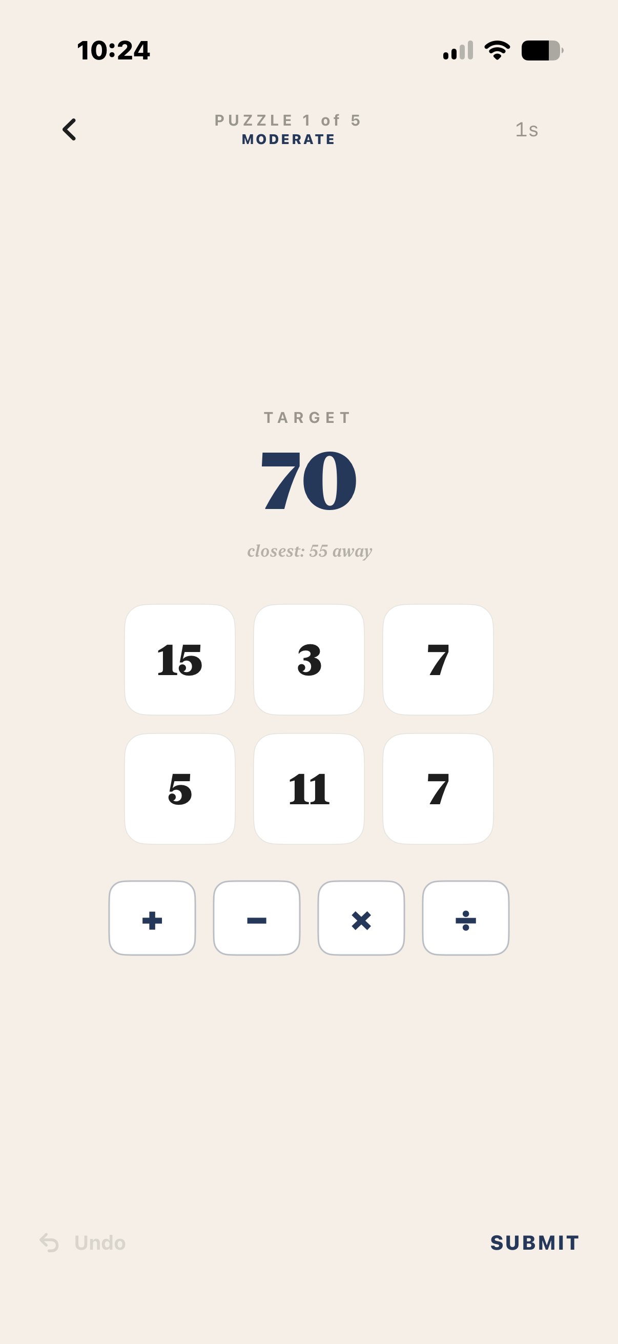 Digit Dash puzzle asking the player to reach a target number using six tiles and operators