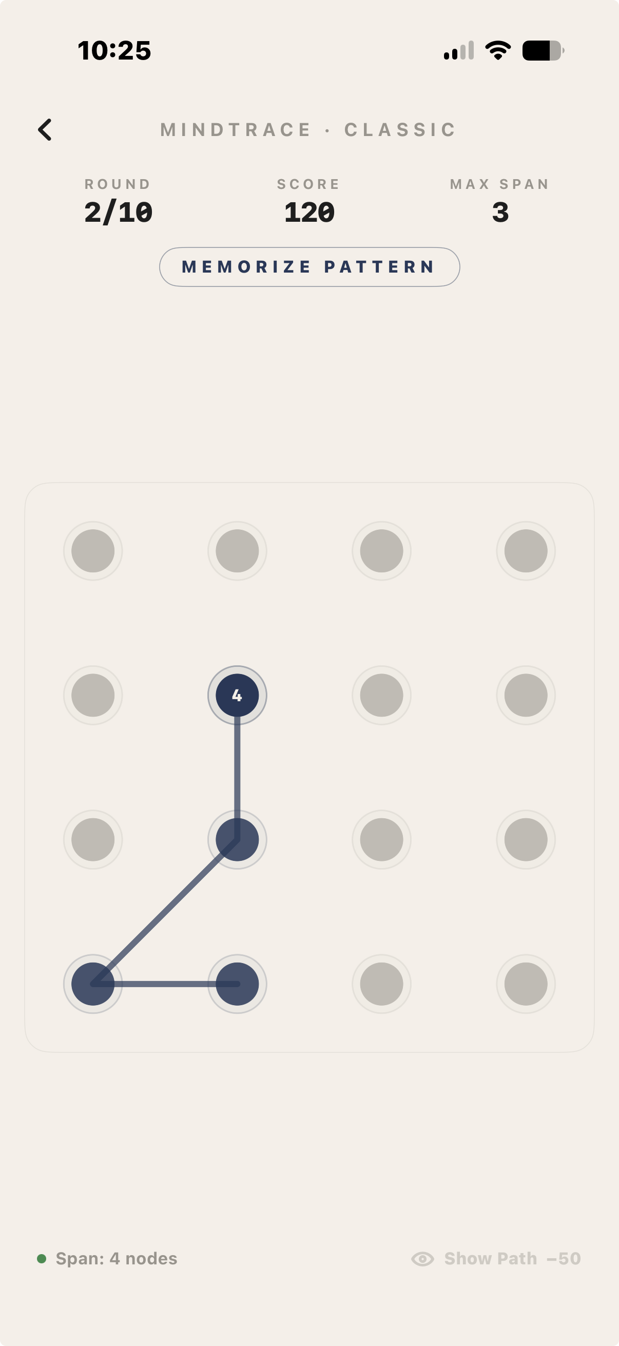 MindTrace pattern memory game showing a traced path on a grid