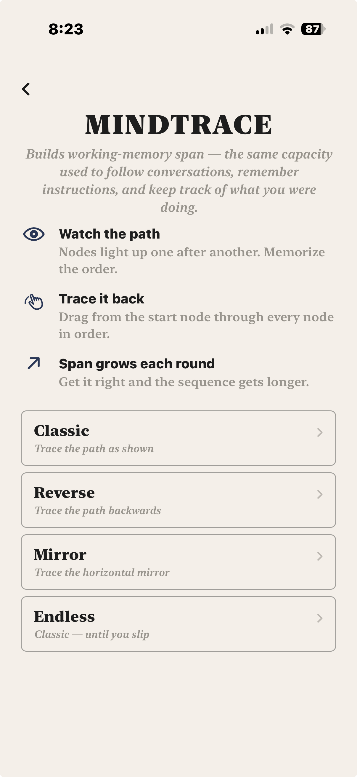 MindTrace mode selection screen showing Classic, Reverse, Mirror, and Endless