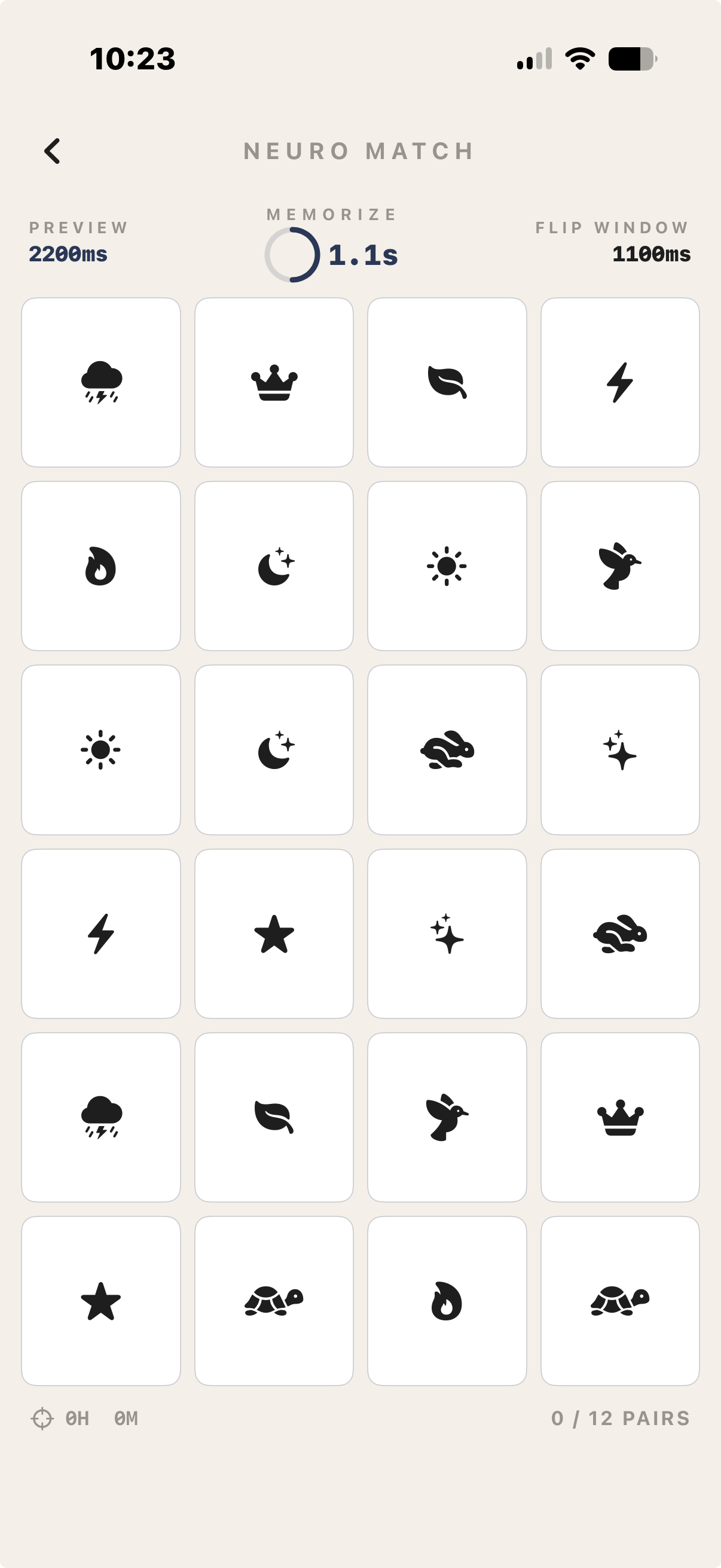 Neuro Match memory game showing a 24-card grid with preview, memorize, and flip window timers